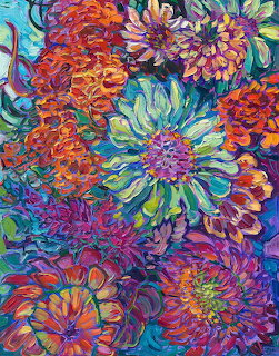 Colorful impressionist painting of flowers with thick brushstrokes in magenta, orange, turquoise and purple tones