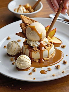 Plated dessert with vanilla ice cream, caramel drizzle, waffle cone pieces, and chocolate garnish