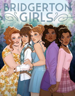 Illustration of four diverse young women in Regency-era dresses posing together outdoors