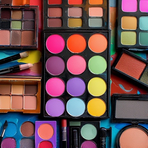 Assorted colorful eyeshadow makeup palettes with rainbow shades in organized grid arrangement