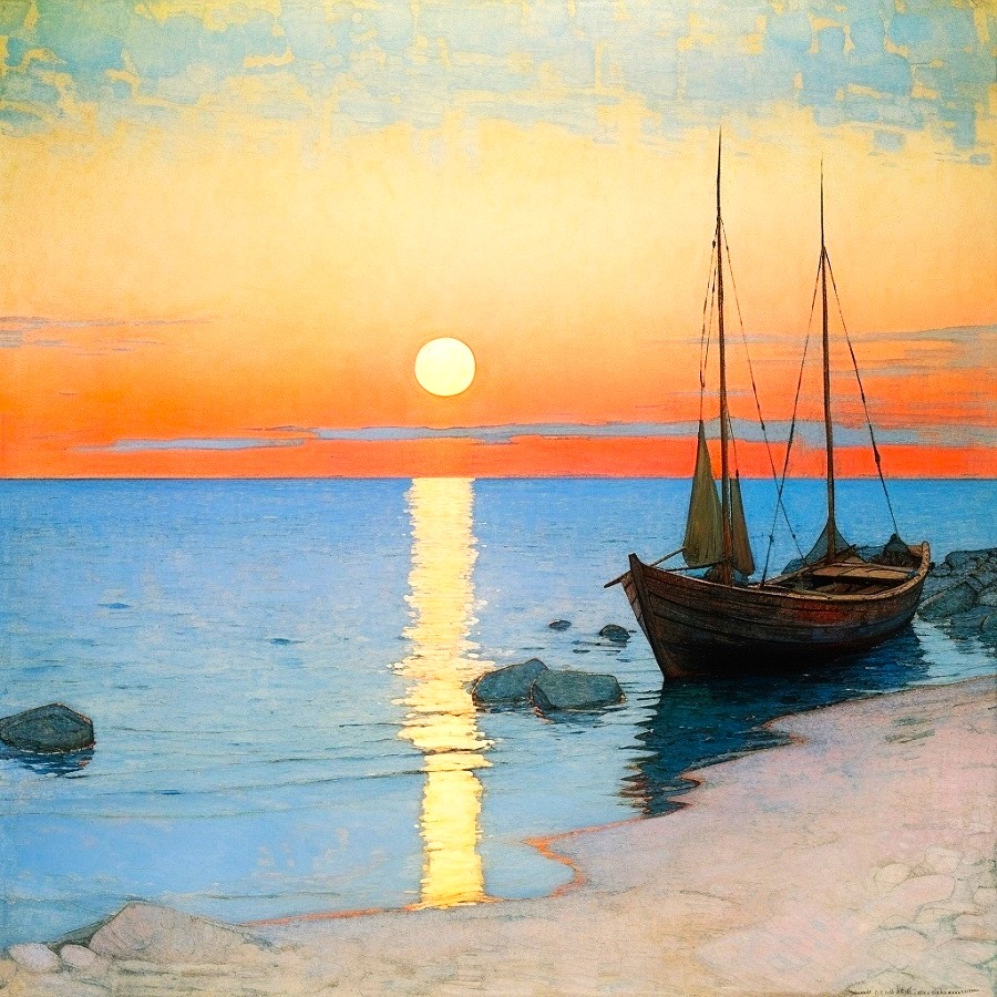 Sailboat on beach at sunset with golden reflection on calm water and orange sky