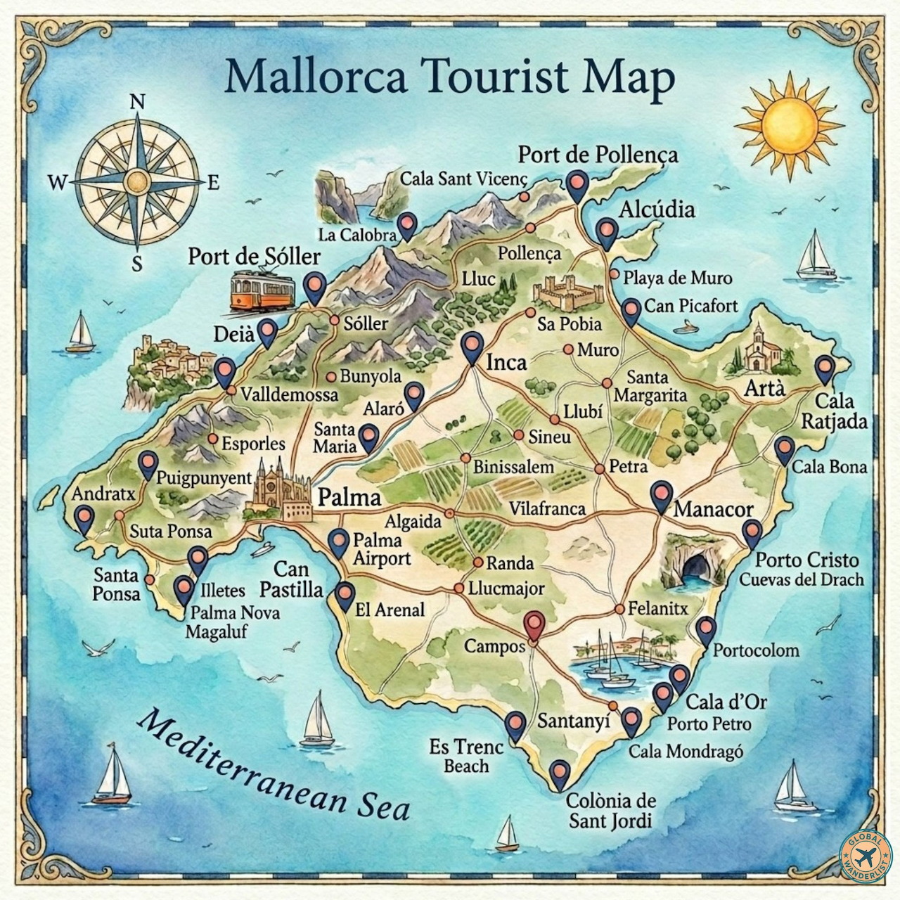 Illustrated tourist map of Mallorca with towns, roads, beaches, and surrounding sea