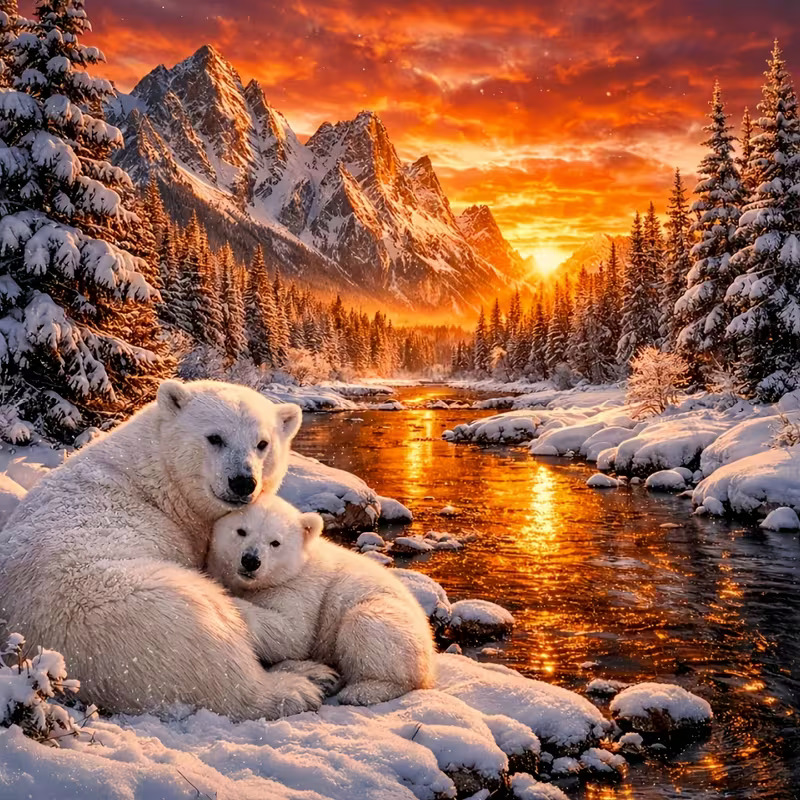 Two polar bears resting on a snowy riverbank beside a glowing river at sunset with mountains behind