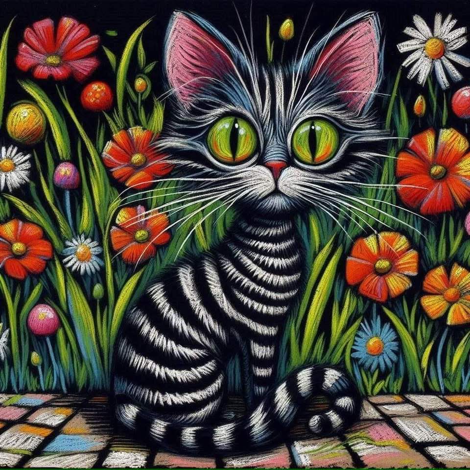 Illustrated striped cat with green eyes surrounded by colorful flowers on checkered floor