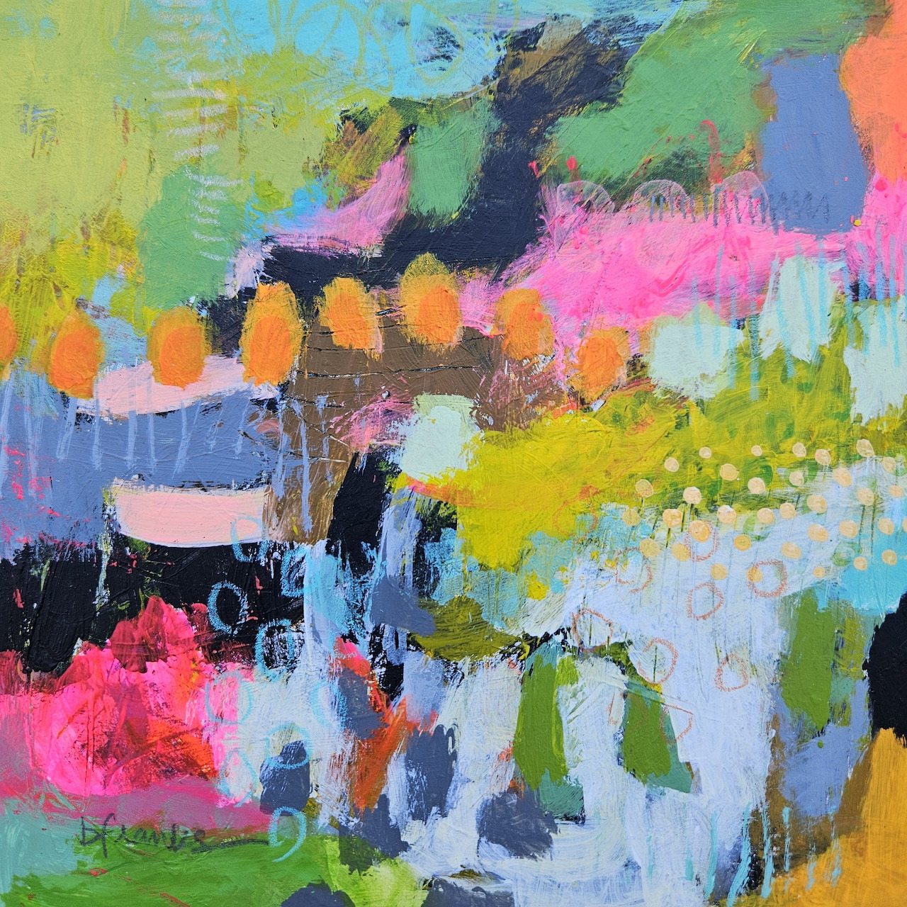 Abstract painting with vibrant pink, green, yellow, and blue brushstrokes in an expressive composition
