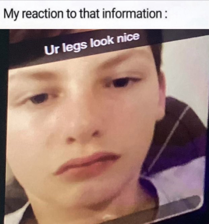 Young person with a blank expression in a reaction meme with Snapchat text overlay