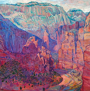 Impressionist painting of red rock canyon towers with winding path through colorful landscape