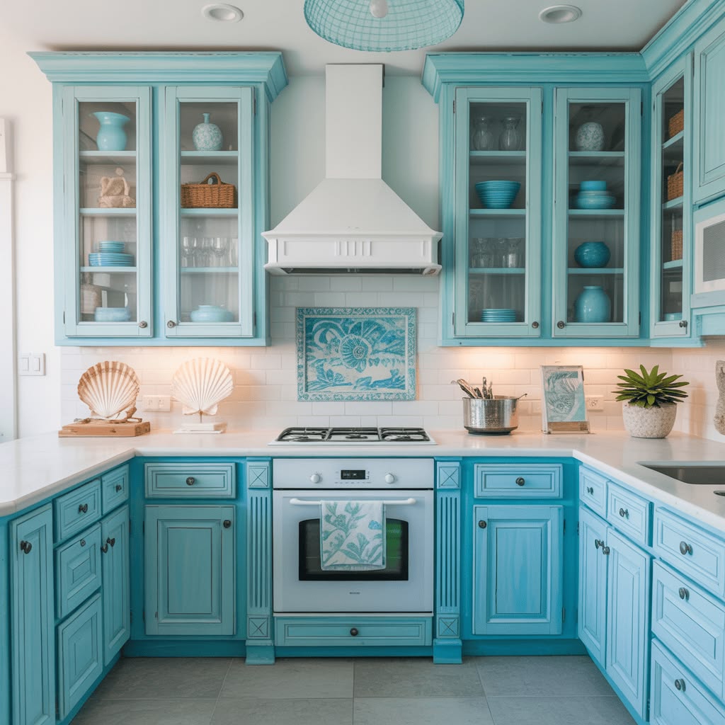 Bright kitchen with turquoise cabinets, white range hood, marble counters, and blue decor