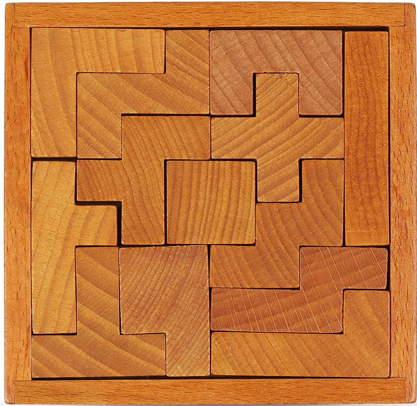 Wooden block puzzle with interlocking geometric pieces in a square frame