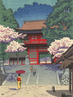 Illustration of a red Japanese temple gate with cherry blossoms, steps, and two people walking nearby