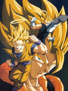 Three Dragon Ball Super Saiyan characters with golden hair in fighting poses on dark background