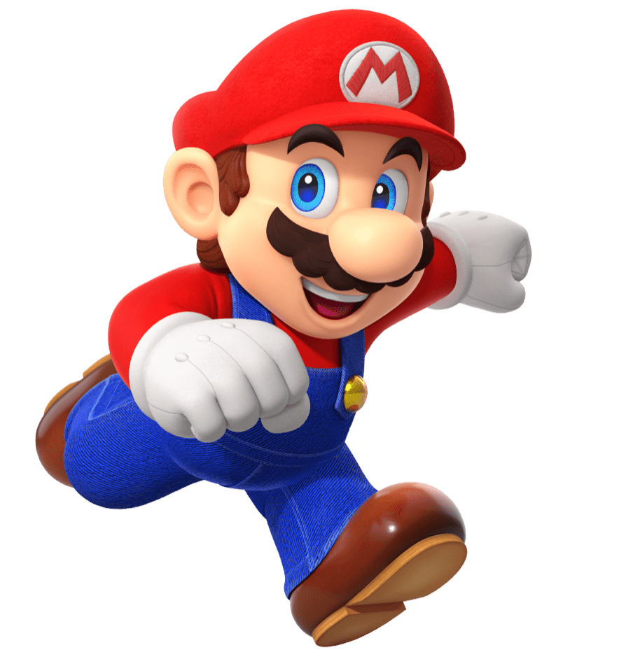 3D rendered Mario character running in red hat and blue overalls on white background