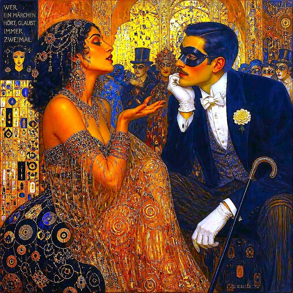 Stylized painting of a woman in an elaborate orange gown facing a man in a tuxedo against a decorative golden background