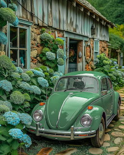 Vintage Volkswagen Beetle Cottage Garden