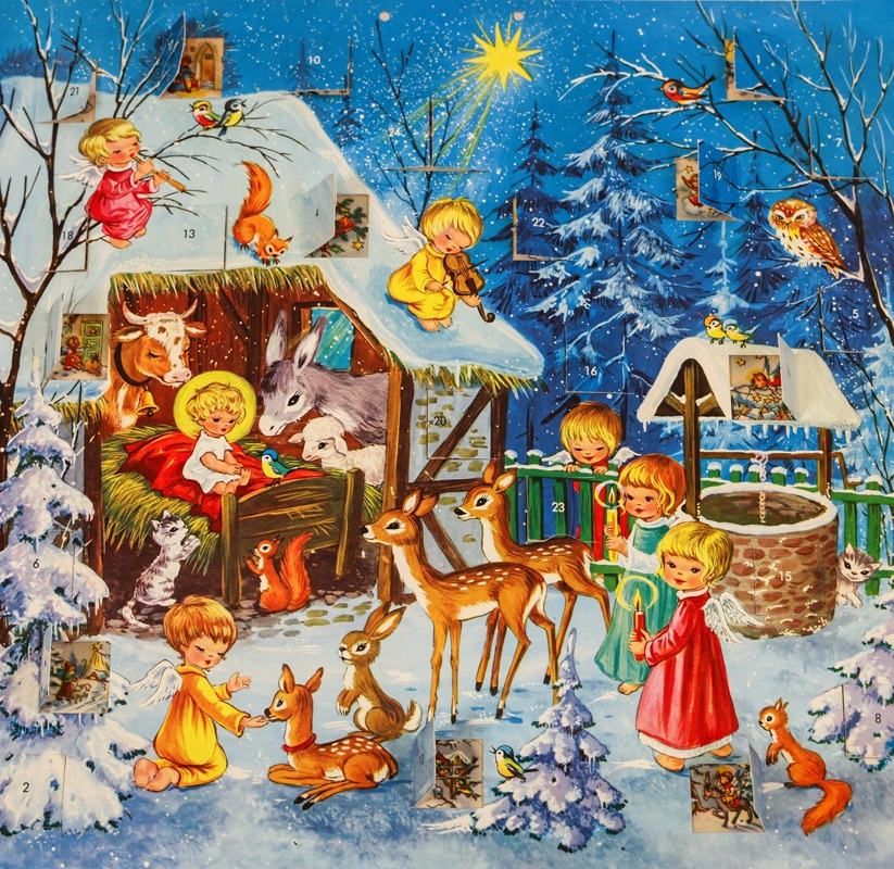 Winter village scene with children, animals, and snowy cottages at night with star overhead