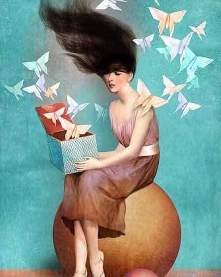 Surreal painting of a seated woman with a box and white butterflies on a turquoise background