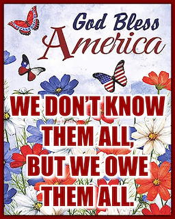 Memorial Day patriotic graphic with God Bless America text, butterflies with American flag patterns, and wildflowers