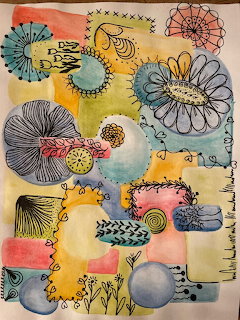 Colorful watercolor and ink doodle art with abstract flowers, circles, and organic shapes on paper
