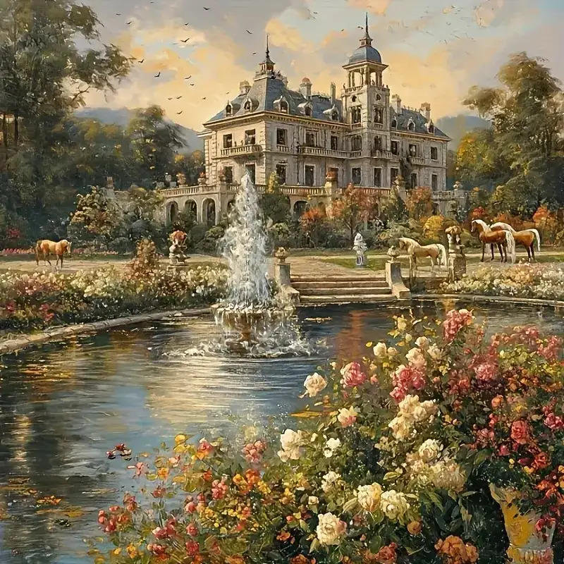 Painting of a grand manor with a fountain pond, flower garden, and horses in the estate grounds