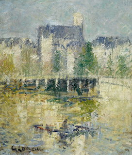 Impressionist painting of a stone bridge over a river with buildings and church tower in misty light