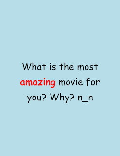Light blue graphic with a question about the most amazing movie, with the word amazing in red.