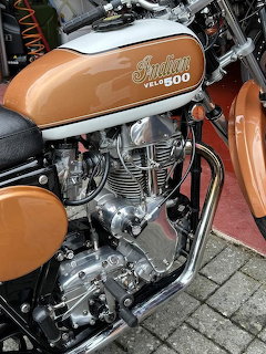 Vintage Indian Velocette 500 motorcycle with bronze tank and chrome engine