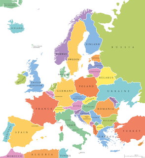 Colorful illustrated map of Europe with labeled countries