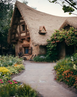 Thatched roof cottage with pink walls, timber details, and garden path lined with colorful flowers