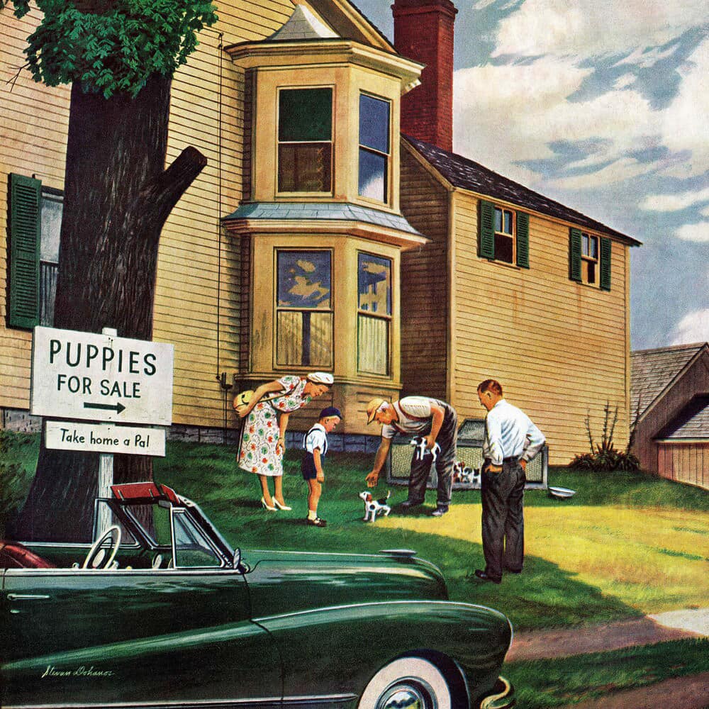 Vintage painting of a family looking at puppies on the lawn beside a yellow house and a parked car
