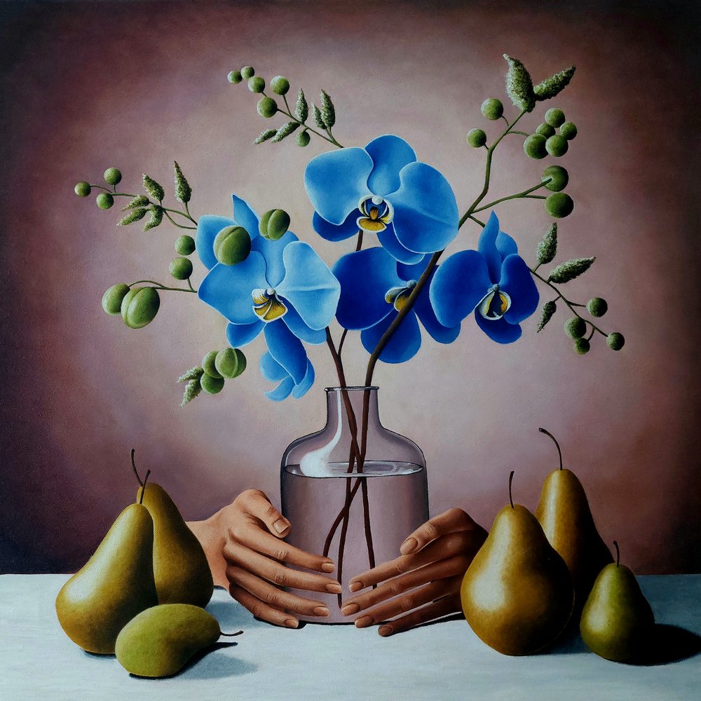 Surreal still life with blue orchids in vase held by hands, yellow pears on sides, soft pink-gray background