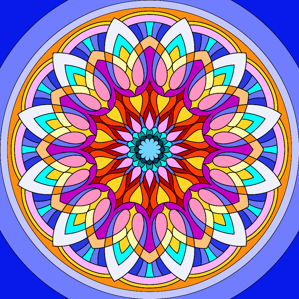 Colorful symmetrical mandala with floral petals in pink, orange, yellow and blue on blue background