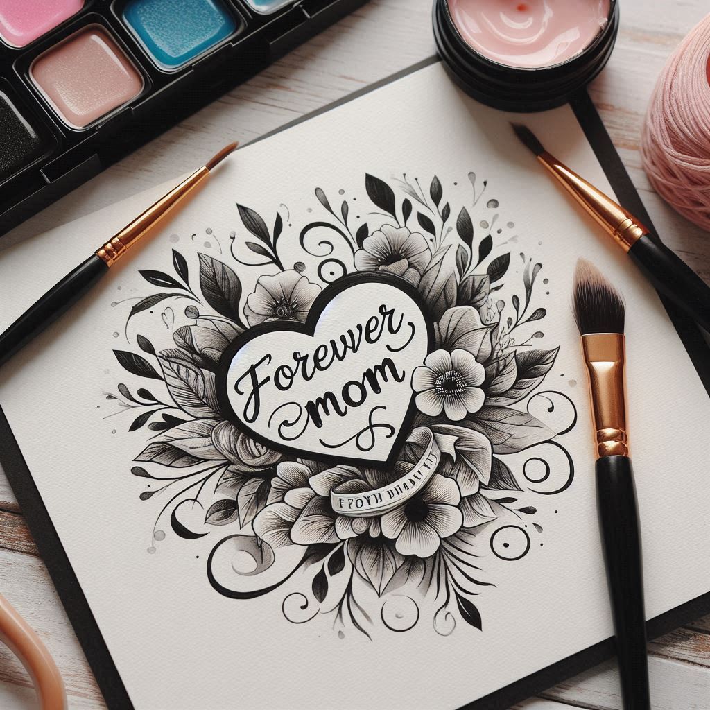 Sketchbook with a floral heart design reading Forever Mom, surrounded by makeup brushes and cosmetics