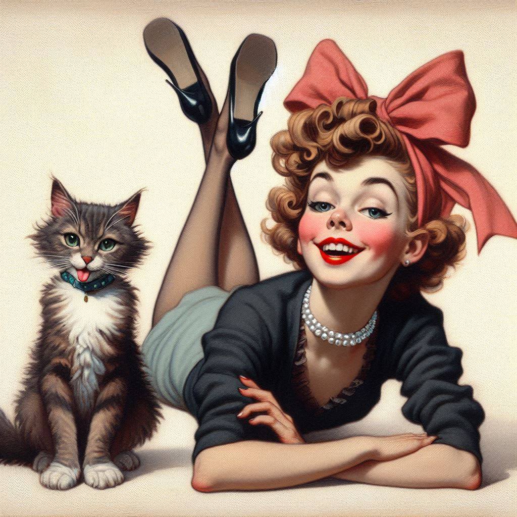 Smiling woman in vintage pin-up style lying beside gray tabby cat