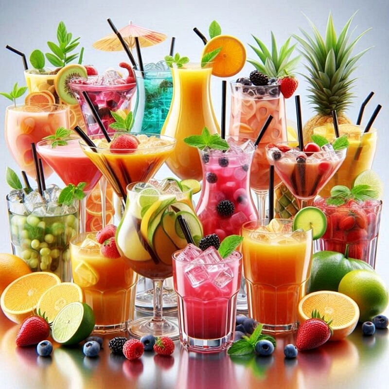 Assorted tropical cocktails with fruit garnishes including pineapple, citrus, and berries