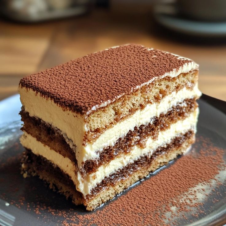 Slice of tiramisu with visible layers of cream and cocoa on a plate