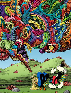 Colorful psychedelic cartoon with whimsical monsters and creatures above a green landscape