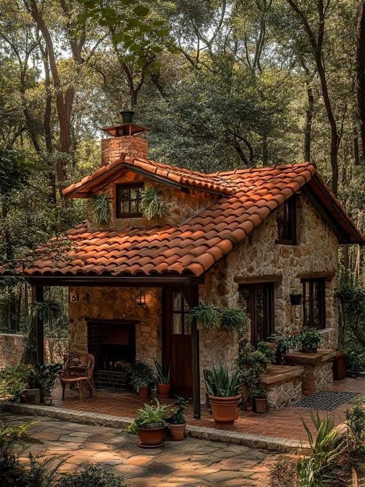 Stone cottage with red tile roof and wooden patio in forest