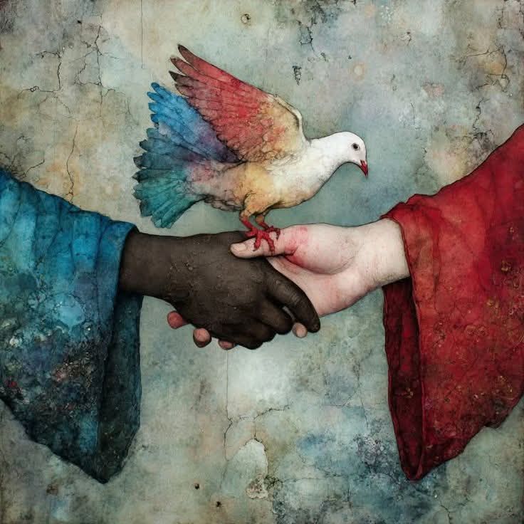 Painting of two hands shaking with a white dove perched above them