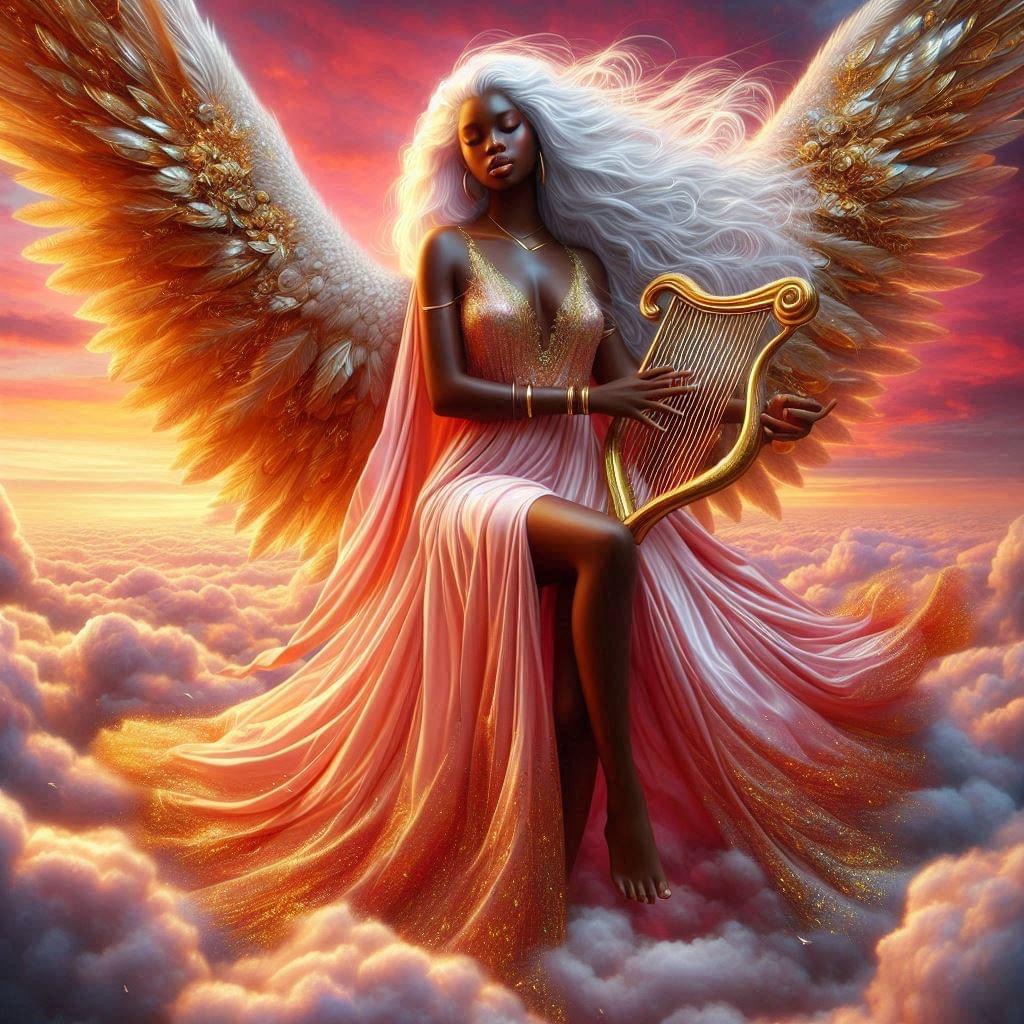 Fantasy angel with large golden wings holding a harp, standing on clouds at sunset in flowing orange dress