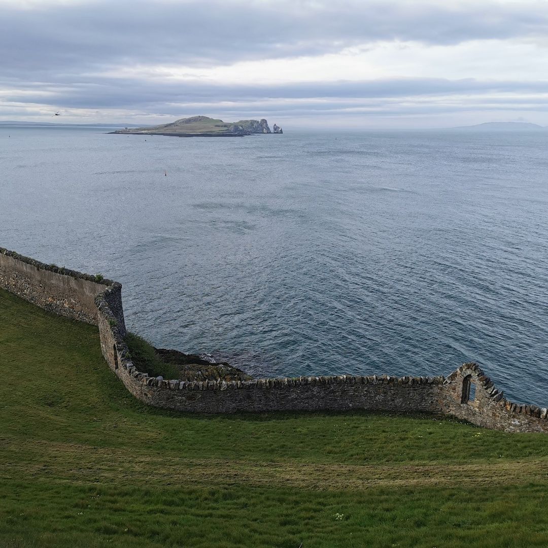 Old stone wall on a grassy coastal hillside overlooking calm sea and a small distant island