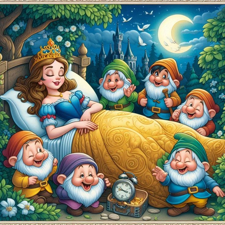 Snow White asleep in yellow dress surrounded by seven smiling dwarfs in colorful outfits under moonlit forest sky