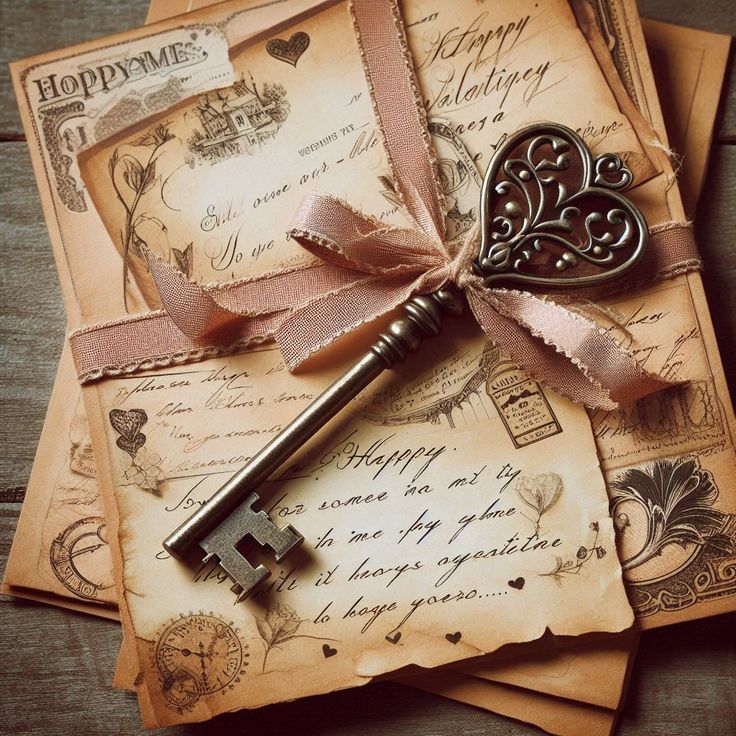 Vintage letters, postcards and decorative brass key on aged paper with handwriting and pressed flowers