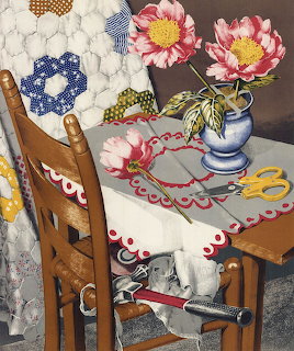 Still life painting with flowers, quilts, scissors and sewing materials on a table beside a wooden chair