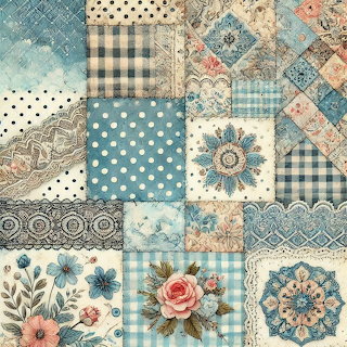 Blue and beige patchwork quilt pattern with floral and geometric fabric-style squares