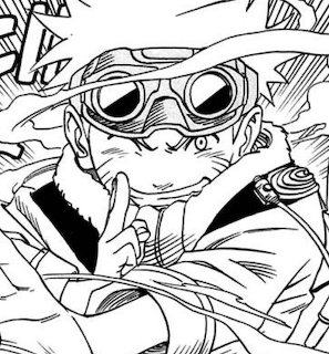Black and white manga drawing of Naruto Uzumaki with goggles making a hand sign
