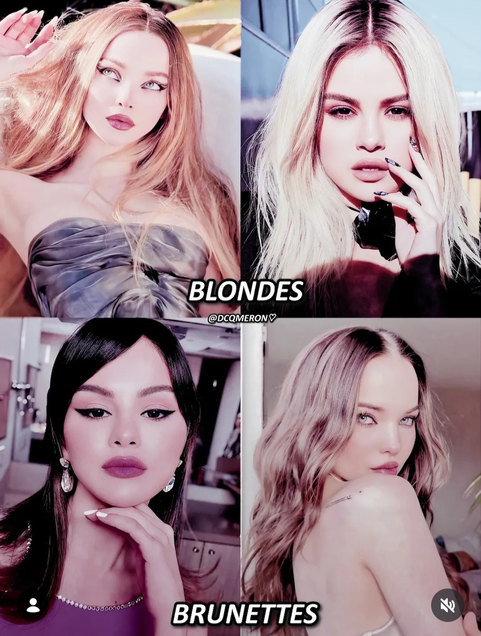 Collage of four women labeled Blondes and Brunettes in glamorous portrait photos