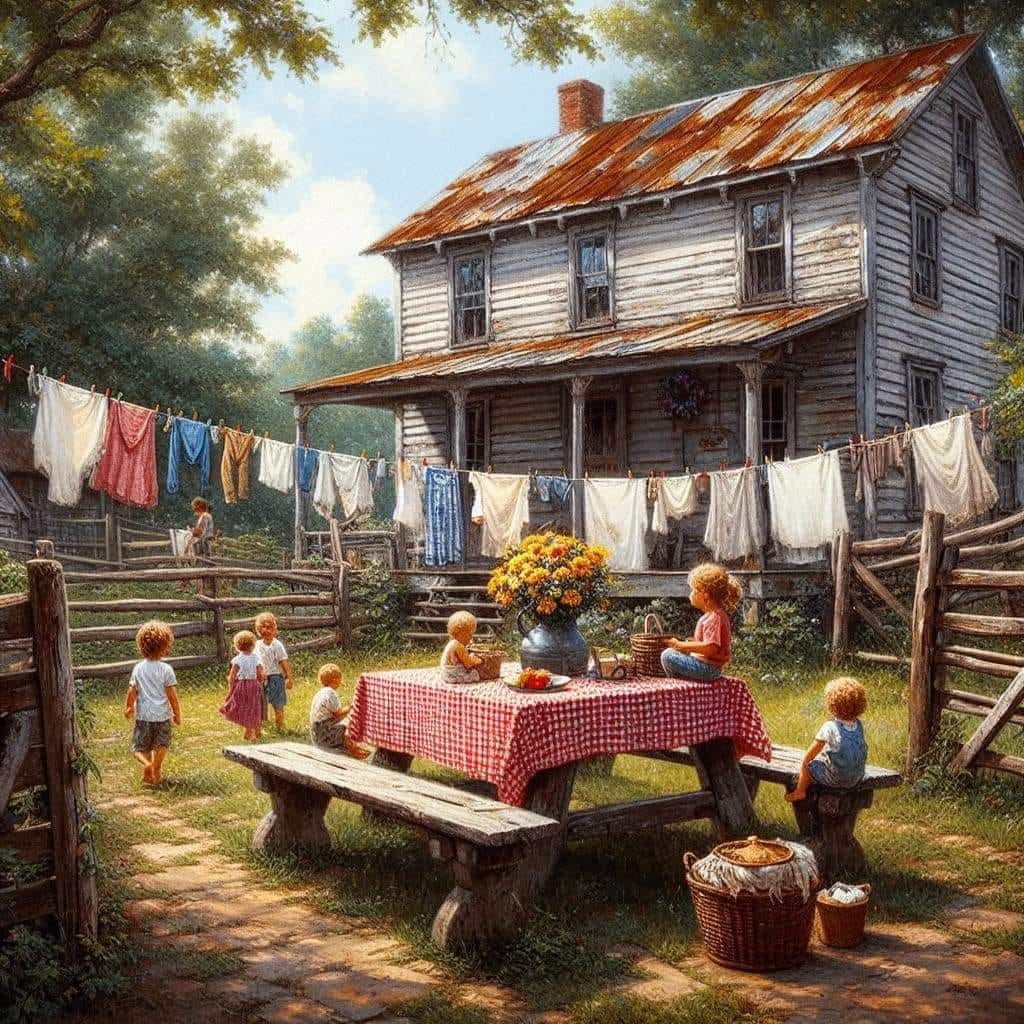 Painting of children playing near an old farmhouse with laundry on a clothesline and a picnic table in the yard