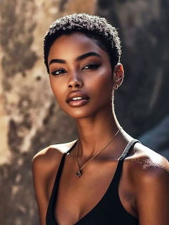 Portrait of a young woman with short curly hair wearing a black top and gold necklace