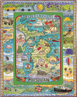 Illustrated map of Michigan with landmarks, wildlife, and regional highlights in colorful cartoon style