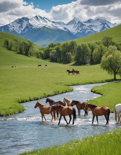 Horses wading through a stream in a green valley with snow-capped mountains behind